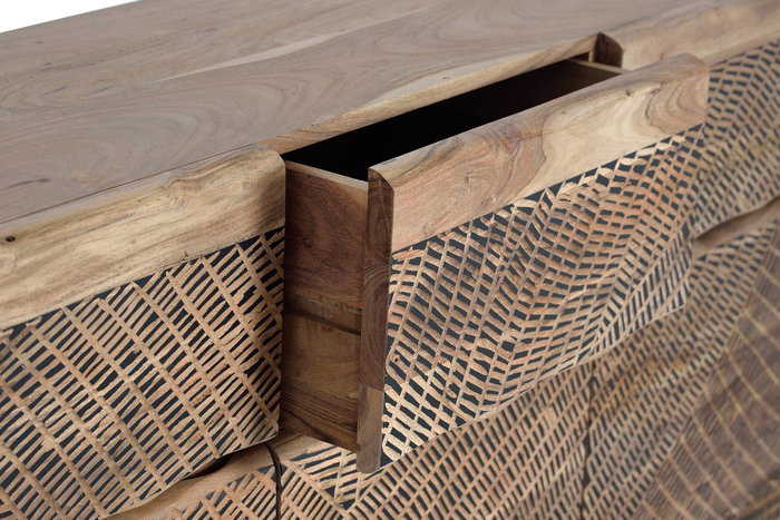 GINER Y COLOMER - Buffet 3 portes et 3 tiroirs en bois d'acacia massif avec patines naturelle et noire, pieds en fer forgé (90x140x40 cm)